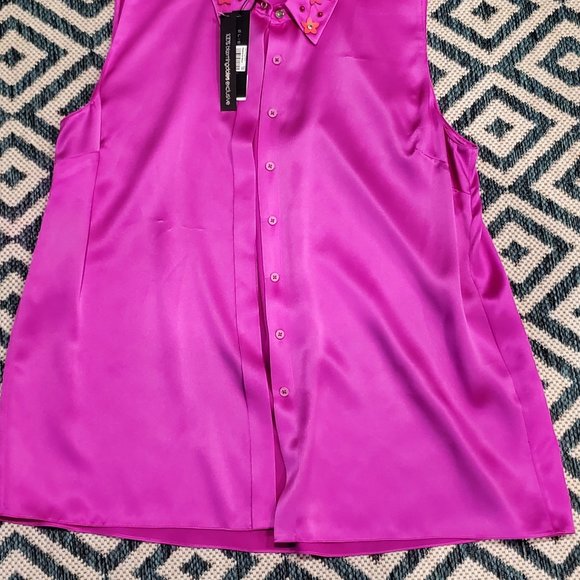 Elie Tahari Fuchsia 100% Silk Blouse with Beaded Floral Collar - Picture 7 of 7